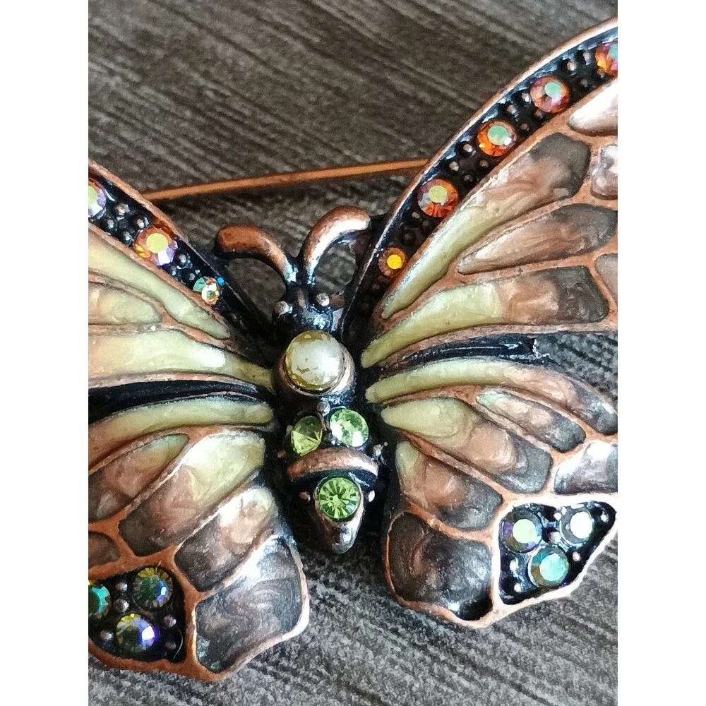 Joan Rivers Butterfly Copper Orange Green Rhinestone Pearlized Enamel Brooch